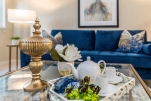 Spacious living room up close with the tea set in focal point